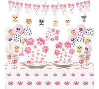 Fournitures pour fête d'anniversaire sur le thème du chien, décorations pour fête de chiot rose, set de vaisselle en papier, tourbillons suspendus, tasses, ballons, nappe, pour 20 invités.