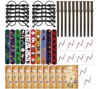 Fournitures pour la fête du magicien avec crayons baguettes, lunettes, tatouages temporaires en forme d'éclair, sacs de friandises, bracelets à gifles pour l'anniversaire et la fête d'Halloween