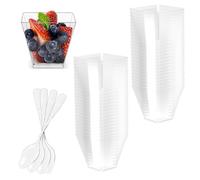 Fousenuk 2oz/60 ml tasses coupes gobelets à dessert avec cuillères plastique,50 pièces verrines à dessert réutilisables transparents Carrés pour pudding, mousse, crème glacée, anniversaire, mariages