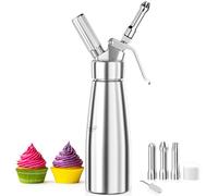 Fousenuk 500ml Siphon Chantilly, Siphon à Crème en Aluminium avec 3 Douilles en Acier Inoxydable et 1 Brosse de Nettoyage pour Décoration Gâteaux d'anniversaire Pâtisserie Crème Glacée et Desserts