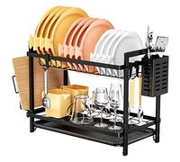 Fousenuk Égouttoir Vaisselle Cuisine à 2 Niveaux, Noir, sur Evier, avec bac Récupération Amovible et Porte-Couverts