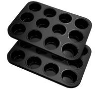 Fousenuk Lot de 2 Moules à Muffins en Acier Carbone Antiadhésif - 24 Moules Réutilisables pour Cupcakes, Brownies, Pudding - 35 X 26 X 3.5 cm (Noir)