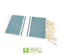 Fouta 3 Bandes Blanches 100% coton ? Bleu canard