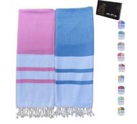 Fouta Premium Lot de 2 Serviettes 100% Coton Bio Légère pour Plage, Piscine, Spa Hammam, Sport, Tapis Pique Nique, Coffret Cadeau Drap de Bain 100 x 200 cm Absorbant Anti Sable & Séchage Rapide