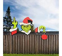 FOUTP 1 pièces 2021Grinch clôture Peeker Ornements, Comment Le Grinch a volé Le décor de Jardin de Noël, Cadeau de Panneaux muraux de Cour d'hiver pour Le Jour de Noël