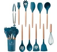 FOVAOK Lot de 12 ustensiles de cuisine en silicone antiadhésifs avec poignée en bois, spatule, batteur à œufs, accessoires de cuisine (bleu, 12 pièces)