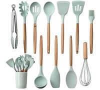 FOVAOK Lot de 12 ustensiles de cuisine en silicone antiadhésifs pour cuisine avec poignée en bois, spatule, batteur à œufs, accessoires de cuisine (vert menthe)