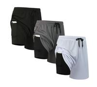 fovdtaa Pack de 3 Shorts de Sport pour Hommes, Shorts 2-en-1, Séchage Rapide, Gym, Course, Entraînement, Vêtements d'Activewear, Shorts de Course pour Hommes avec Poches, Noir/gris/blanc, M