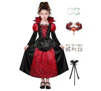 FOVER FR031M Costume de vampire pour enfant fille - Costume de Dracula, gothique, royal, vampire - Avec accessoires, collier, dents, Halloween, carnaval, fête à thème