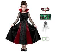 FOVER FR032L - Costume de vampire pour fille - Costume de Dracula - Pour enfant - Robe de cosplay royale - Pour Halloween, carnaval, fête à thème - Avec accessoires, collier et dents - Autocollant