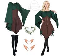 FOVER Vêtements gothiques médiévaux pour femme - Robe irlandaise traditionnelle Renaissance - Vert - Costume de pirate - Avec tête, chaîne, couronne de fleurs, oreilles d'elfe - Chaussettes FR034XXL