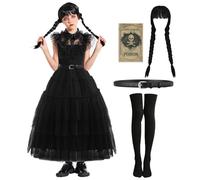 FOVER Wednesday Costume pour enfant - Robe gothique noire pour fille - Mercredi - Famille - Cosplay avec autocollant - Perruque - Chaussettes - Bonnet de perruque - Costume de carnaval - Tenue pour