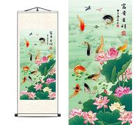 FOVNOT Décor Mural Oriental en Soie Chinoise Tableau Feng Shui de 9 Carpes Koï avec Lotus & Pivoines, Rouleau Suspendu pour Décoration Japonaise/Asiatique