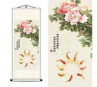 FOVNOT Décor Mural Oriental en Soie Chinoise Tableau Feng Shui de 9 Carpes Koï avec Lotus & Pivoines, Rouleau Suspendu pour Décoration Japonaise/Asiatique