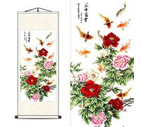 FOVNOT Décor Mural Oriental en Soie Chinoise Tableau Feng Shui de 9 Carpes Koï avec Lotus & Pivoines, Rouleau Suspendu pour Décoration Japonaise/Asiatique