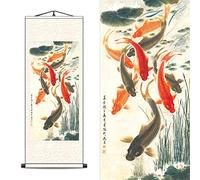 FOVNOT Décor Mural Oriental en Soie Chinoise Tableau Feng Shui de 9 Carpes Koï avec Lotus & Pivoines, Rouleau Suspendu pour Décoration Japonaise/Asiatique