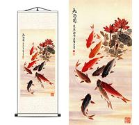 FOVNOT Décor Mural Oriental en Soie Chinoise Tableau Feng Shui de 9 Carpes Koï avec Lotus & Pivoines, Rouleau Suspendu pour Décoration Japonaise/Asiatique