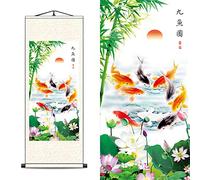 FOVNOT Décor Mural Oriental en Soie Chinoise Tableau Feng Shui de 9 Carpes Koï avec Lotus & Pivoines, Rouleau Suspendu pour Décoration Japonaise/Asiatique