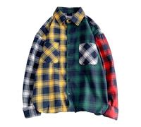 Foweknow Chemise à carreaux pour homme - Veste de bûcheron - Coupe normale - Manches longues - Patchwork - Plaid surdimensionné - Manches longues - Chemise traditionnelle - Chemise ample boutonnée