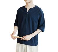 Foweknow Chemise à manches courtes pour homme - Style chinois traditionnel - Coton et lin - Chemise d'été - Col en V - Solide - Pour arts martiaux, kung fu, tai chi, qigong, Marine, L