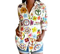Foweknow Chemise colorée à manches longues pour femme - Style hippies des années 70 - Style floral - Arc-en-ciel - Rétro - Fleurs - Chemise hawaïenne funky - Fête - Paisley - Vintage - Haut
