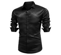 Foweknow Chemise de fête pour homme - Coupe ajustée - En satin - Manches longues - Style années 70 - Costume de fête disco - Brillant - Style rétro - Pour bal de fin d'année, spectacle sur scène, Noir