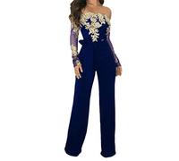 Foweknow Combinaison élégante brodée pour femme - Jambes larges - Une épaule - Combinaison festive - Costume de mariage - Tenue d'affaires - Pantalon de loisirs, bleu, XL