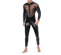 Foweknow Combinaison pour homme - Effet mouillé - En latex - Manches longues - Maille patchwork - Manteau tout le corps - Combinaison sexy - Effet mouillé - En cuir verni - Respirant - Onesie Clubwear