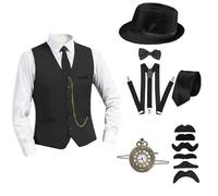Foweknow Costume de carnaval Peaky Blinders pour homme, costume des années 20, gilet avec montre de poche, barbe, chapeau de gangster, cravate, nœud papillon, bretelles réglables, ensemble pour