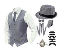 Foweknow Costume de carnaval Peaky Blinders pour homme, costume des années 20, gilet avec montre de poche, barbe, chapeau de gangster, cravate, nœud papillon, bretelles réglables, ensemble pour