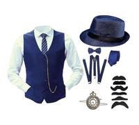 Foweknow Costume de carnaval pour homme, costume des années 20, gilet avec montre de poche, barbe, chapeau de gangster, cravate, nœud papillon réglable, bretelles pour carnaval, fête à thème, bleu, M
