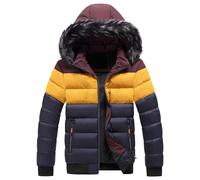 Foweknow Doudoune pour homme - Veste matelassée chaude - Coupe-vent - Veste mi-saison avec capuche - Manteau d'hiver court - Coupe ajustée - Couleur bloc - Veste d'extérieur confortable - Manteau