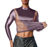 Foweknow Glossy Maillot de corps à manches longues pour homme - Brillant - T-shirt de fitness - T-shirt de musculation - T-shirt léger et respirant - T-shirt à manches longues - Haut de yoga - Costume