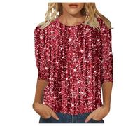 Foweknow Haut à paillettes pour femme 3D Drcuk Nouvel An Tenue élégante sexy décontractée T-shirt à manches longues festif Tunique Blouses Col rond Sans capuche Pull Disco Party Tenue, rouge, M