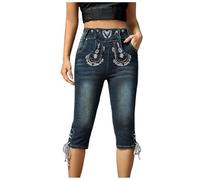 Foweknow Jean traditionnel pour femme - Pantalon capri stretch 3/4 - Short traditionnel - Broderies - Fête de la bière - Pantalon bavarois - Taille haute - Coupe ajustée - Pantalon court en denim