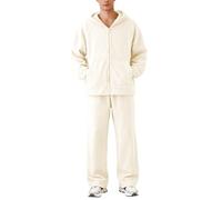 Foweknow Lot de 2 pyjamas en flanelle pour homme - En polaire thermique confortable - Avec fermeture éclair et poches - Vêtement de nuit chaud - Haut - Pantalon de pyjama, beige, M
