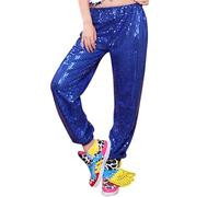 Foweknow Pantalon de loisirs pour femme - Paillettes - Taille haute - Extensible - Pantalon de jazz - Hip Hop - Pantalon brillant - Élégant - Avec cordon de serrage - Pantalon baggy à paillettes, bleu