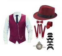 Foweknow Peaky Blinders Costume de mafia pour homme - Costume de carnaval pour homme - Accessoires des années 20 - Gilet avec montre de poche - Barbe - Chapeau de gangster - Cravate - Nœud papillon -