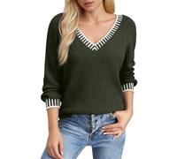 Foweknow Pull en tricot pour femme - Automne - Hiver - Col en V - Pull en cachemire - Élégant - Couleur unie - Tricot fin - Pull d'hiver chaud - Pull basique, Vert armée 2., S