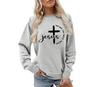 Foweknow Pull pour femme Croix Chrétienne Sweat-shirt surdimensionné Vintage Sweat à capuche décontracté polyvalent Pull de travail Imprimé Lettres Chemise religieuse à manches longues Pull