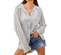 Foweknow Pulls Femmes Paillettes Blouses Festives Hauts Brillants Tunique Chemises à Paillettes pour Femmes Manches Longues Élégant Vêtements d'extérieur décontractés Clubwear Streetwear, Argent