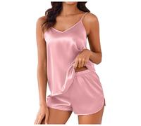 Foweknow Pyjama sexy en satin pour femme - Vêtement de nuit court - Sans manches - Lingerie déshabillée - Haut de salon - Couleur unie - Pantalon de nuit - Pyjama - Ensemble Homewear, Rose, 3XL