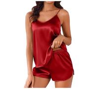 Foweknow Pyjama sexy en satin pour femme - Vêtement de nuit court - Sans manches - Lingerie déshabillée - Haut de salon - Couleur unie - Pantalon de nuit - Pyjama - Ensemble Homewear, Bordeaux, XXL