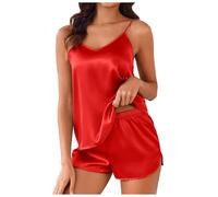 Foweknow Pyjama sexy en satin pour femme - Vêtement de nuit court - Sans manches - Lingerie déshabillée - Haut de salon - Couleur unie - Pantalon de nuit - Pyjama - Ensemble Homewear, rouge, XL