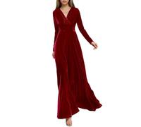 Foweknow Robe de soirée pour femme - En velours doré - Élégante couleur unie - Col en V - Manches longues - Coupe trapèze - Robe de bal - Robe patineuse - Longueur au sol - Taille empire, rouge, L