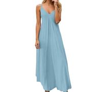 Foweknow Robe d'été longue pour femme - Sans manches - Col en V - Robe maxi aérée - Bretelles spaghetti - Robe de loisirs baggy - Grandes tailles - Robe maxi à bretelles - Robe d'été swing, bleu clair