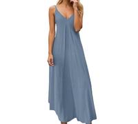 Foweknow Robe d'été longue pour femme - Sans manches - Col en V - Robe maxi aérée - Bretelles spaghetti - Robe de loisirs baggy - Grandes tailles - Robe maxi à bretelles - Robe d'été swing, bleu, XL