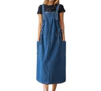 Foweknow Robe en denim pour femme - Robe salopette élégante sans manches - Robe d'été décontractée - Robe en jean ample - Robe en jean surdimensionnée - Avec poches à cordon de serrage - Robe longue