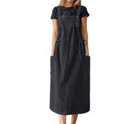 Foweknow Robe salopette en jean pour femme - Robe d'été ample et réglable - Élégante - Longue robe vintage - Sans manches - En denim - Avec poches - Confortable - Coupe ample - Robe de loisirs, 02