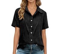 Foweknow T-shirt d'été léger pour femme - Boutonné - Respirant - Col rabattu - Couleur unie - Élastique - Confortable - Surchemise, Noir , 3XL